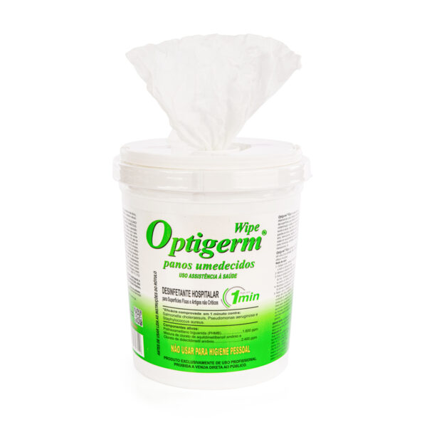 desinfetante hospitalar optigerm com lenço saindo para fora da embalagem num fundo branco