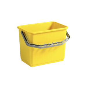 Balde amarelo com alça plástica, graduação interna e capacidade de 4 litros