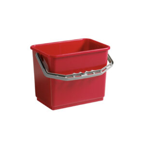 Balde vermelho com alça plástica, graduação interna e capacidade de 4 litros