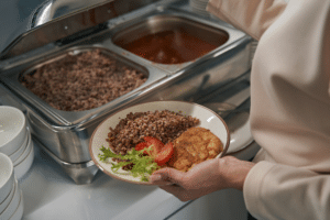 mulher colocando comida em um self service, local de food service restaurante